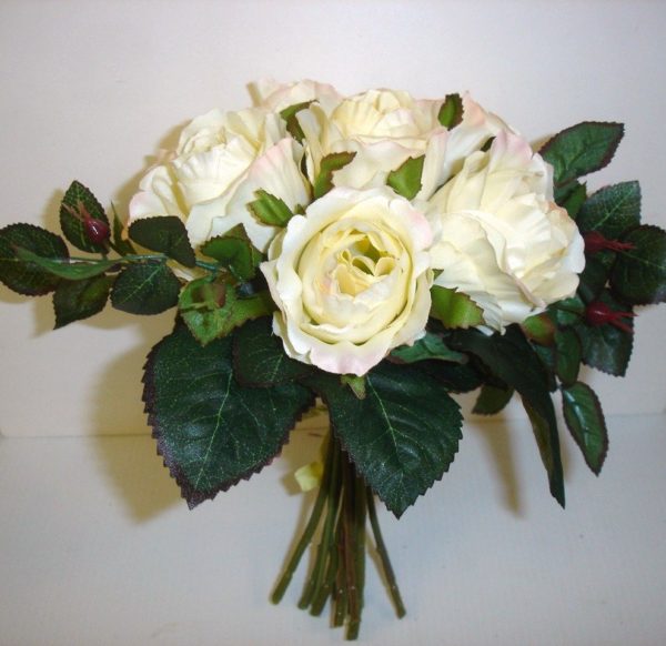 New Tied Bundle/Bouquet x7 Stems Queen Roses Silk Flowers Ivory/Cream 9in