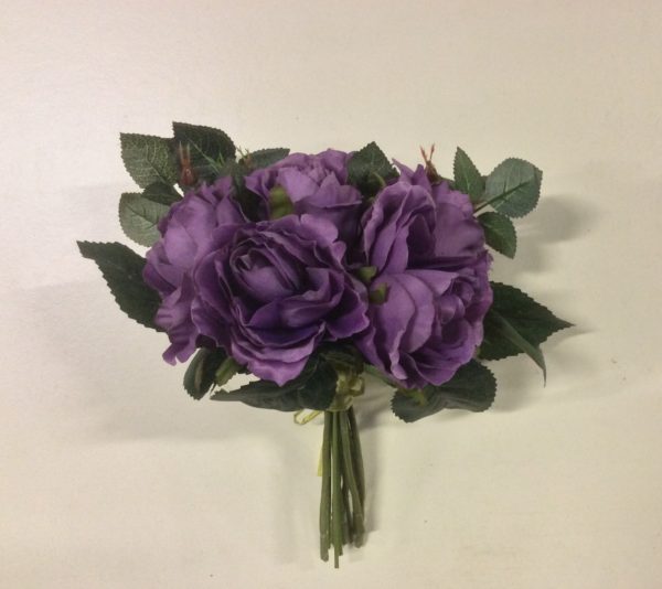 New Tied Bundle/Bouqet x7 Stems Queen Roses Silk Flowers Purple 9"