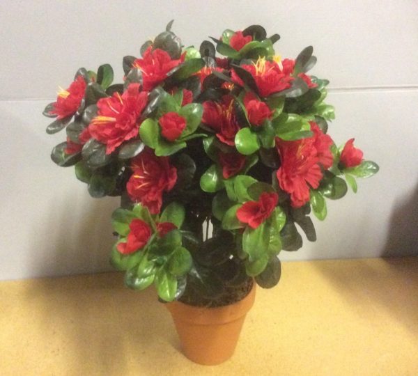 New Potted Red Azalea Bush Artificial Silk Flowers / Plant 15" Tall