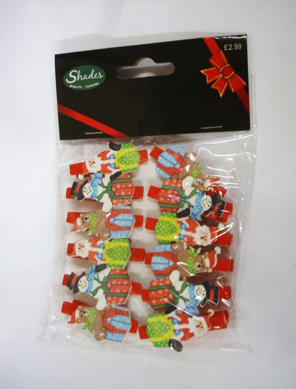 Pack 12 Wooden Festive Christmas Character Card Holder Pegs