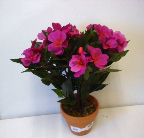 Purple New Guinea Bizzie Lizzie Bush Artificial Silk Pot Plant 12in