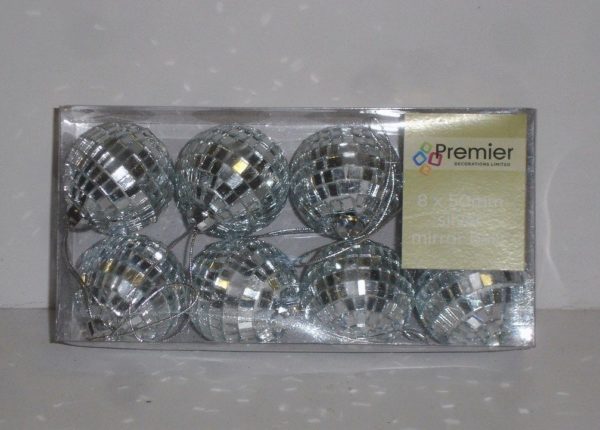 Pack x 8 Silver Mirror Balls / Baubles Christmas Tree Decorations 50mm Size