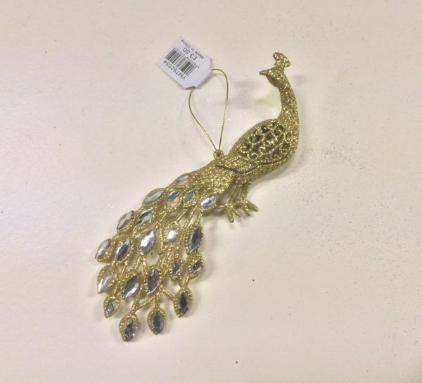 Pack 2 New Gold Glittered 18cm Jewelled Peacocks Christmas Tree Decorations