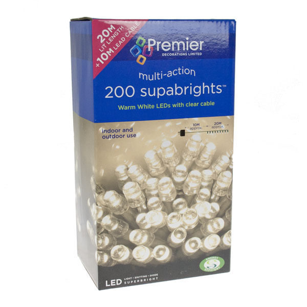 Set 200 Warm White LED Multi-Action Christmas Fairy Lights with Clear Cable