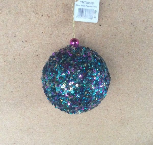 Pack x 4 Sequined Peacock Range Coloured Ball/Baubles Christmas Decoration 80mm