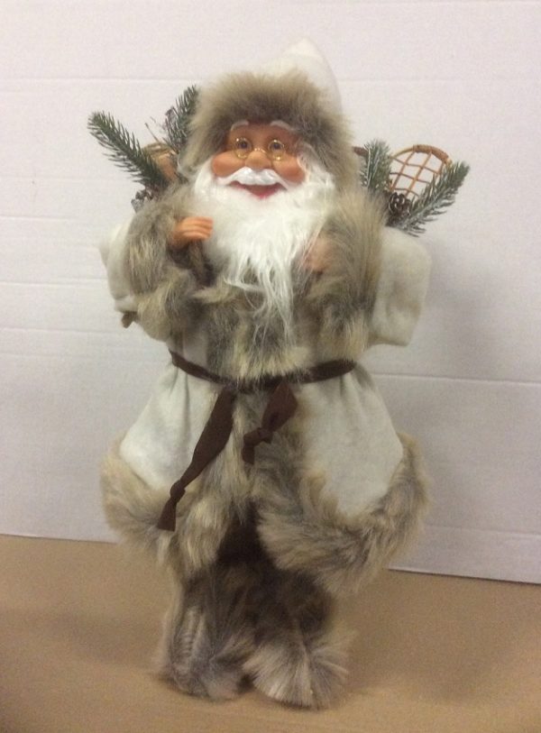 New 40cm Traditional Standing Christmas Santa Figure in Fur Trim With Sack Cream/Grey