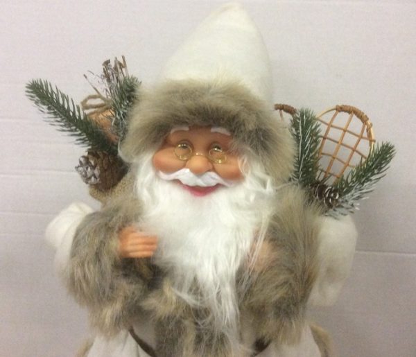 New 40cm Traditional Standing Christmas Santa Figure in Fur Trim With Sack Cream/Grey