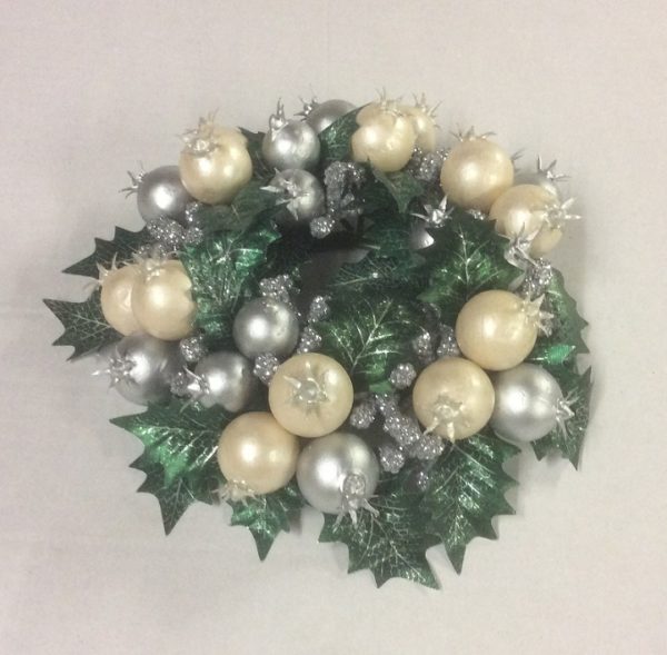New 3" Candle Ring Christmas Decoration 'Silver/Ivory Pomegranate/Holly' Fits Pillar Candles