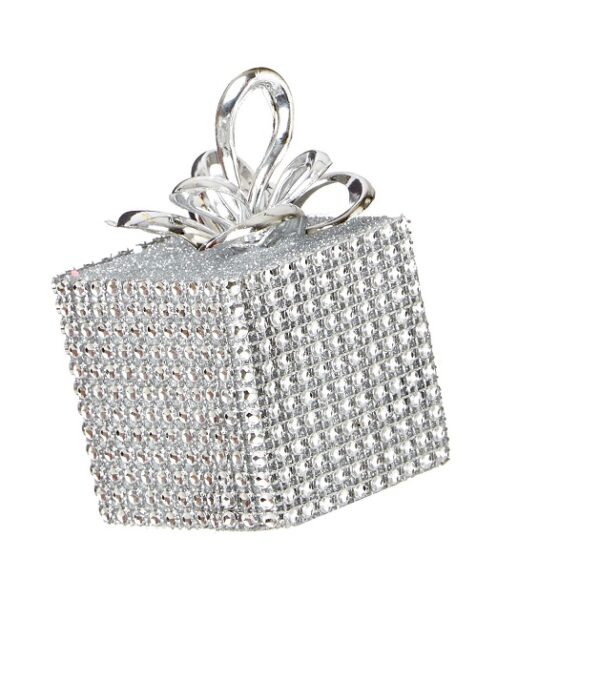 Silver Bling / Diamante Gift Box Christmas Tree Decorations / Ornaments 10cm Pack x4