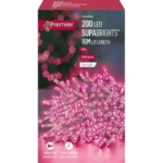200 Pink LED Multi-Action Christmas Fairy Lights with Clear Cable + Timer