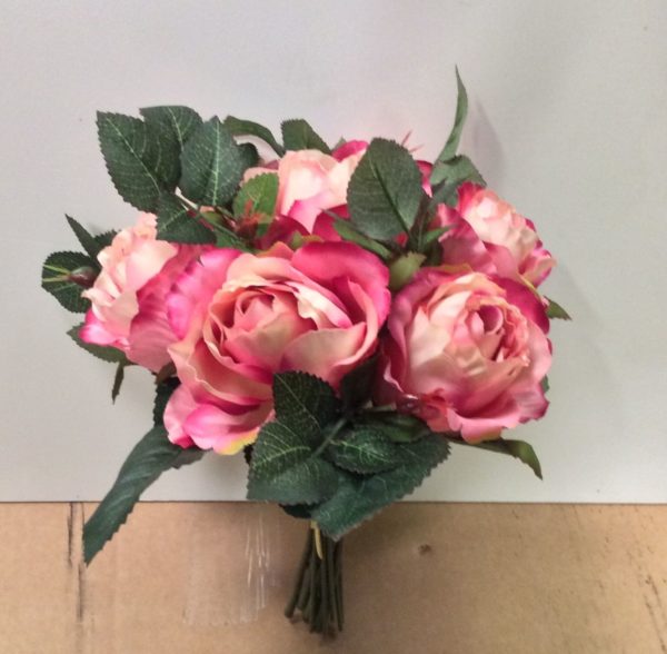 Tied Bundle / Bouquet x7 Stems Queen Roses Silk Flowers Dark Pink 9in