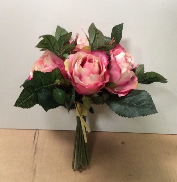 Tied Bundle / Bouquet x7 Stems Queen Roses Silk Flowers Dark Pink 9in