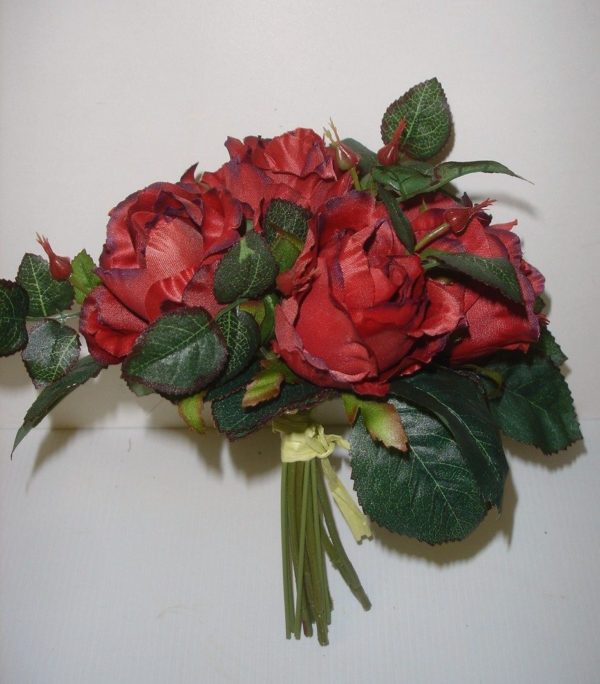 Tied Bundle / Bouquet x7 Stems Queen Roses Artificial Silk Flowers Red 9in