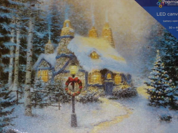 Christmas Canvas Print LED Lights Woodland Cottage 40x30cm Batt-Operated