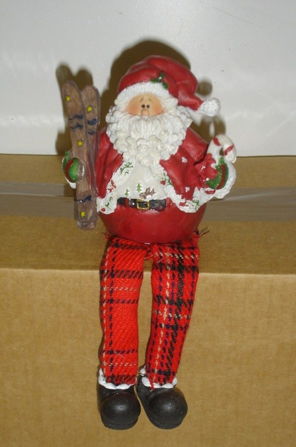 Tartan Santa & Skis Shelf Sitting Christmas Decorations 18cm Figurine