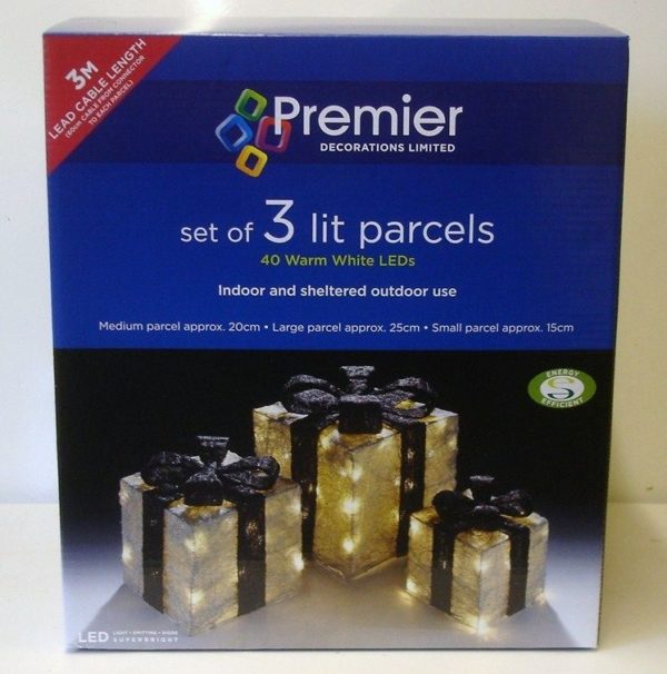 Set x3 LED Lit Parcels / Gifts Silver/Black Christmas Lights Indoor/Outdoor