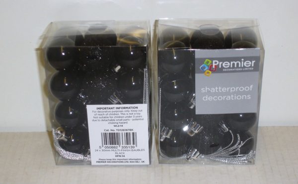 48 (2x24) Black Mix Shatterproof Baubles 30mm Christmas Decorations