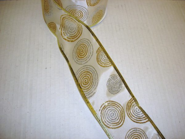10yd Roll 'Gold Circles' Fabric Wire Edge Quality Christmas Ribbon 2.5in Wide