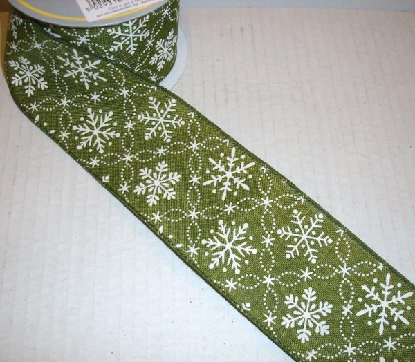 10yd Roll Green/White Snowflake Fabric Wire Edge Christmas Ribbon 2.5in Wide