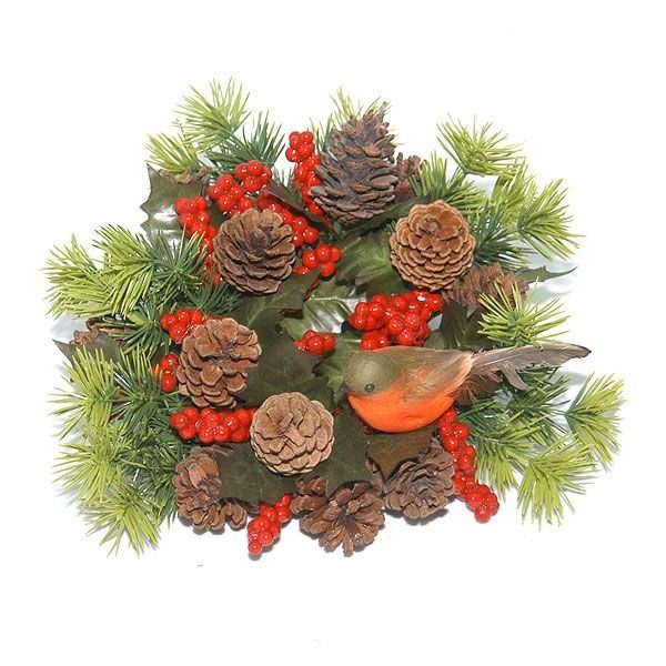 Natural Cone/Robin 3in Christmas Pillar Candle Ring Decoration / Candle Holder