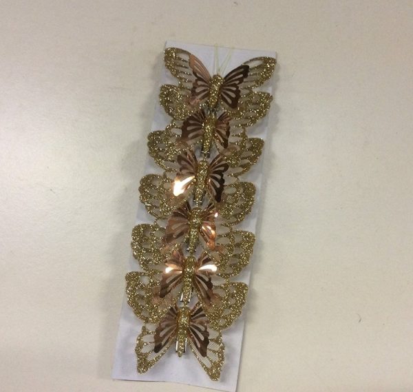 Metallic Clip On Butterfly Christmas Decorations 3" Size Gold Pack x6