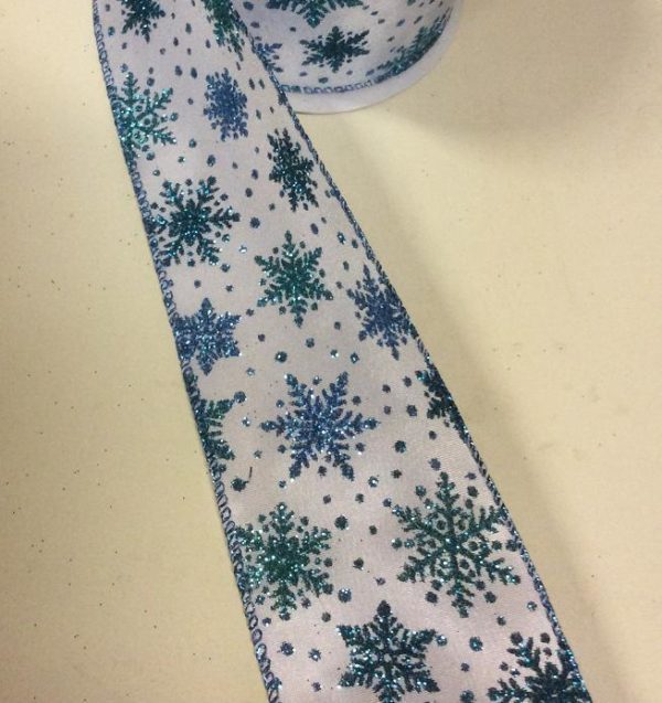 10yd Roll 'Blue/White Snowflakes' Fabric Wire Edge Christmas Ribbon 2.5" Wide