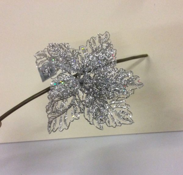 Clip On Flower Floral Christmas Decorations Mesh Poinsettia Silver 9" Pack 4