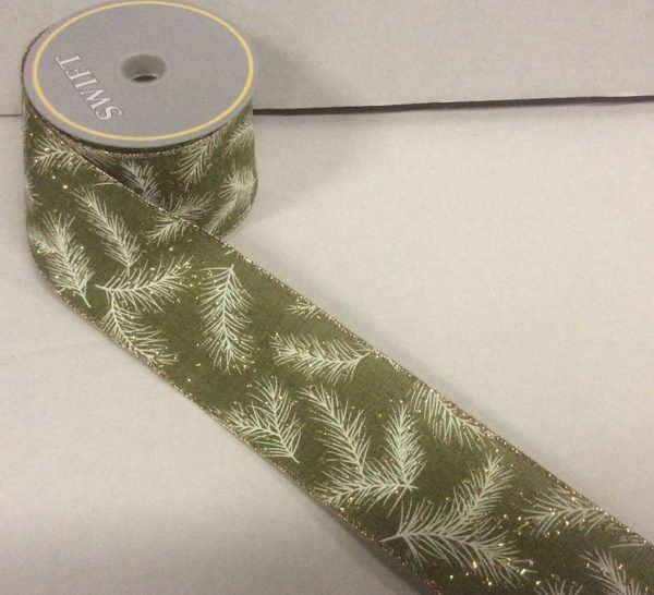 10yd Roll Green & White 'Fern' Quality Fabric Wire Edge Christmas Ribbon 2.5in Wide