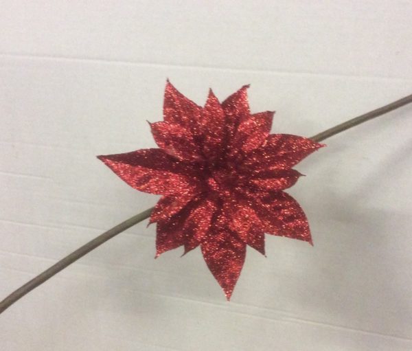 Clip On Flowers Floral Christmas Decorations Glitter Poinsettia Red 18cm Pack x6