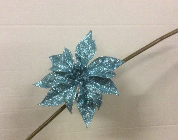 Clip On Flowers Floral Christmas Decorations Glitter Poinsettia Aqua Blue 18cm Pack x6