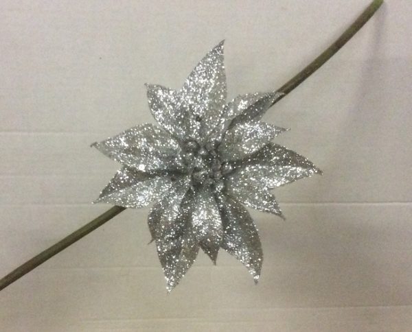 Clip On Flowers Floral Christmas Decorations Glitter Poinsettia Silver 18cm Pack x6