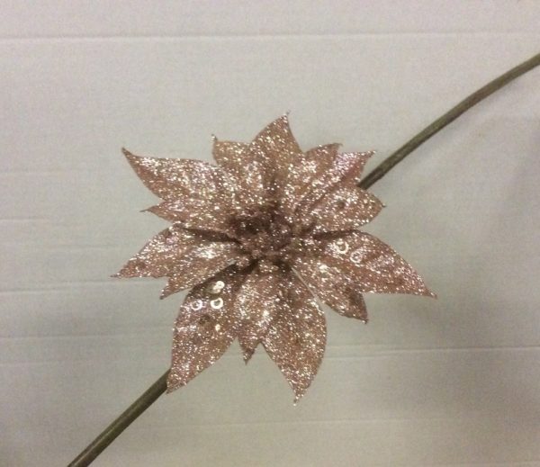 Clip On Flowers Floral Christmas Decorations Glitter Poinsettia Rose Gold 18cm Pack x6