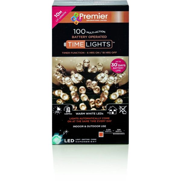 100 Multi Action Battery Operated & Timer Warm White LED Christmas Lights