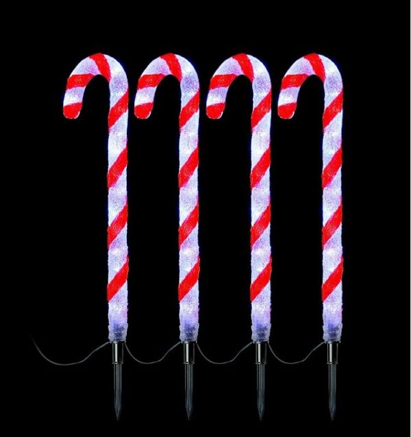 Set Of Four Large Candy Cane Path Lights 58cm + 64 White LED's Premier