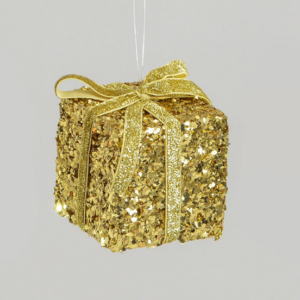 Gold Glitz Gift Box & Ribbon Christmas Tree Decorations / Ornaments 75mm Pack x4