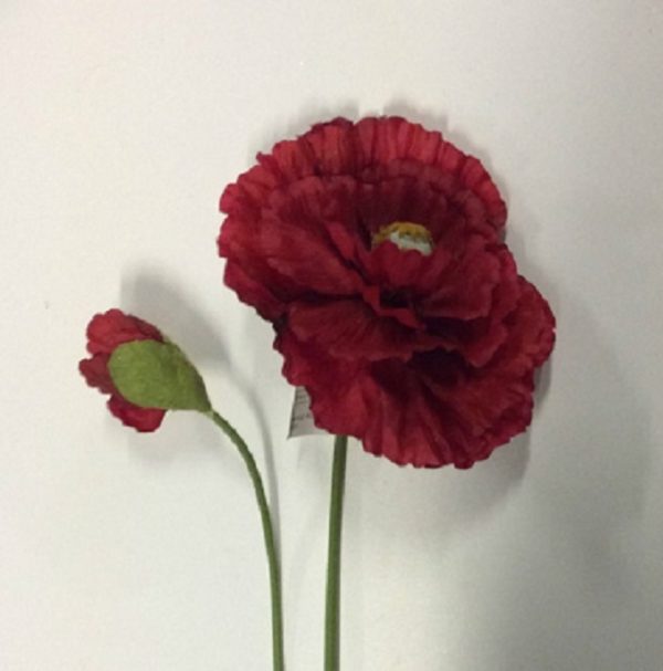 Red Giant Double Poppy & Bud Artificial Silk Flowers 32in Tall Pack x3 Stems
