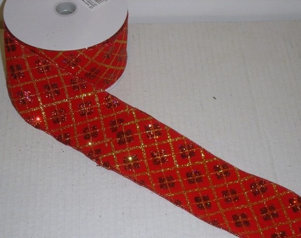 10yd Roll Red/Gold Diamond Fabric Wire Edge Christmas Ribbon 2.5" Wide