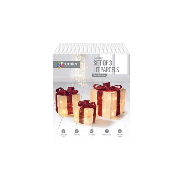 Set x3 LED Lit Parcels / Gifts White/Red Christmas Lights LV102703R