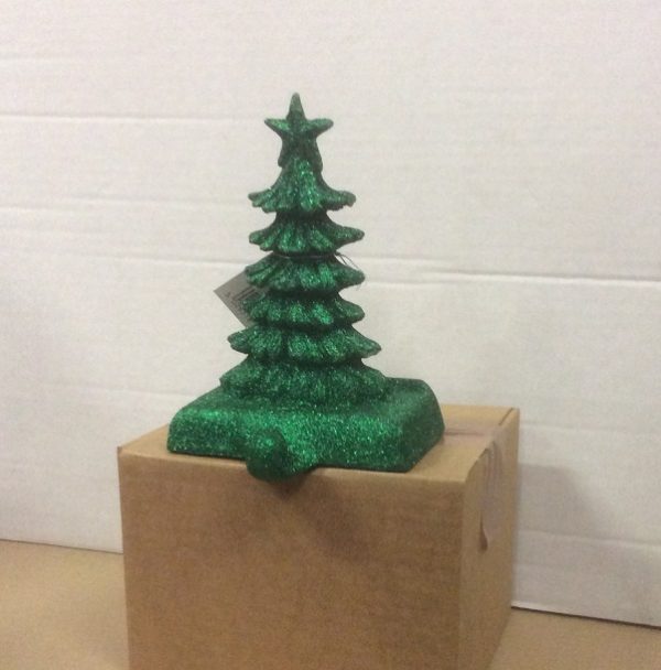 Green Glittered Christmas Tree Stocking Hanger 6"