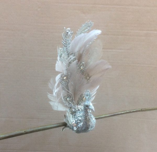Pair Deluxe 20cm Peacocks Clip On Christmas Decoration Birds Silver