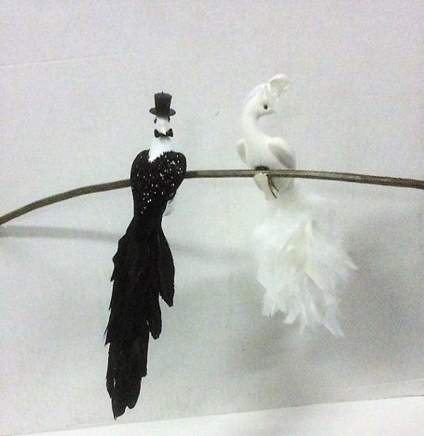 Pair Black & White Birds Peacocks 'Man & Lady' 11in Decoration