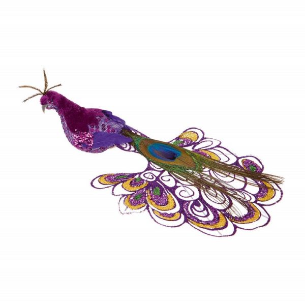 Purple Multi Colour 21cm Clip On Peacock Christmas Birds Pack x2