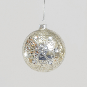 80mm Bauble With Gems Silver Pack x4 Glass Christmas Decorations