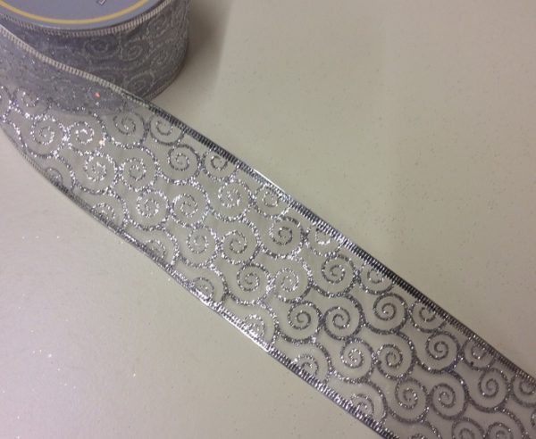 'Silver Swirl' Fabric Wire Edge Christmas Ribbon 2.5" Wide 10yd Roll
