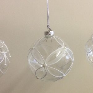 Clear Glass / White Detail Christmas Tree Decorations 80mm Set x 3