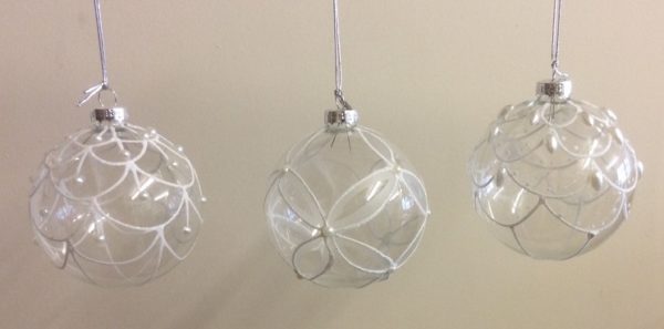 Clear Glass / White Detail Christmas Tree Decorations 80mm Set x 3