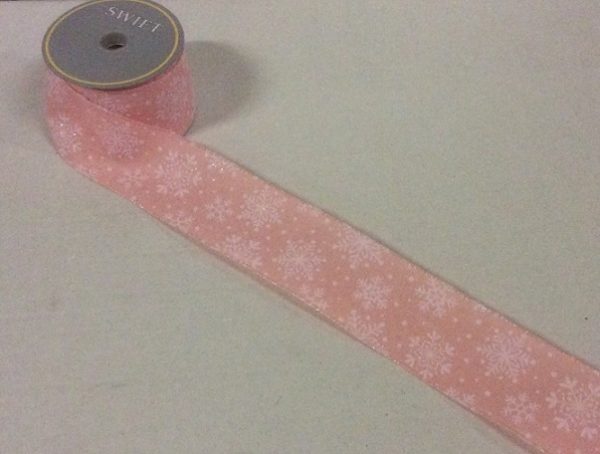 10yd Roll Pink Snowflake Fabric Wire Edge Christmas Ribbon 2.5in Wide