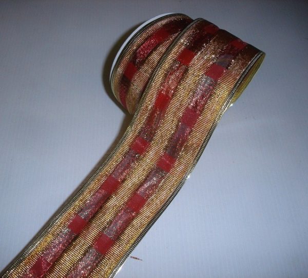 10yd Roll Gold / Burgundy Red Fabric Wire Edge Christmas Ribbon 2.5in Wide