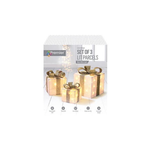 Set x3 LED Lit Parcels / Gifts Cream/Gold Christmas Lights LV102703GC