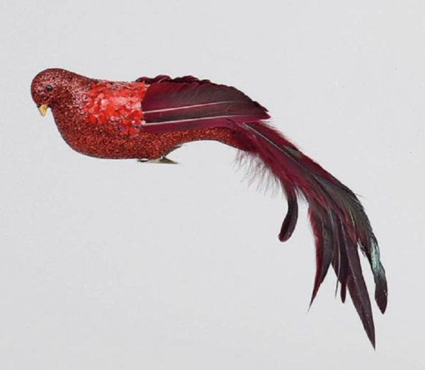 Red Glittered/Sequin Large Birds Christmas Decorations 14 Inch Clip On Pack x2